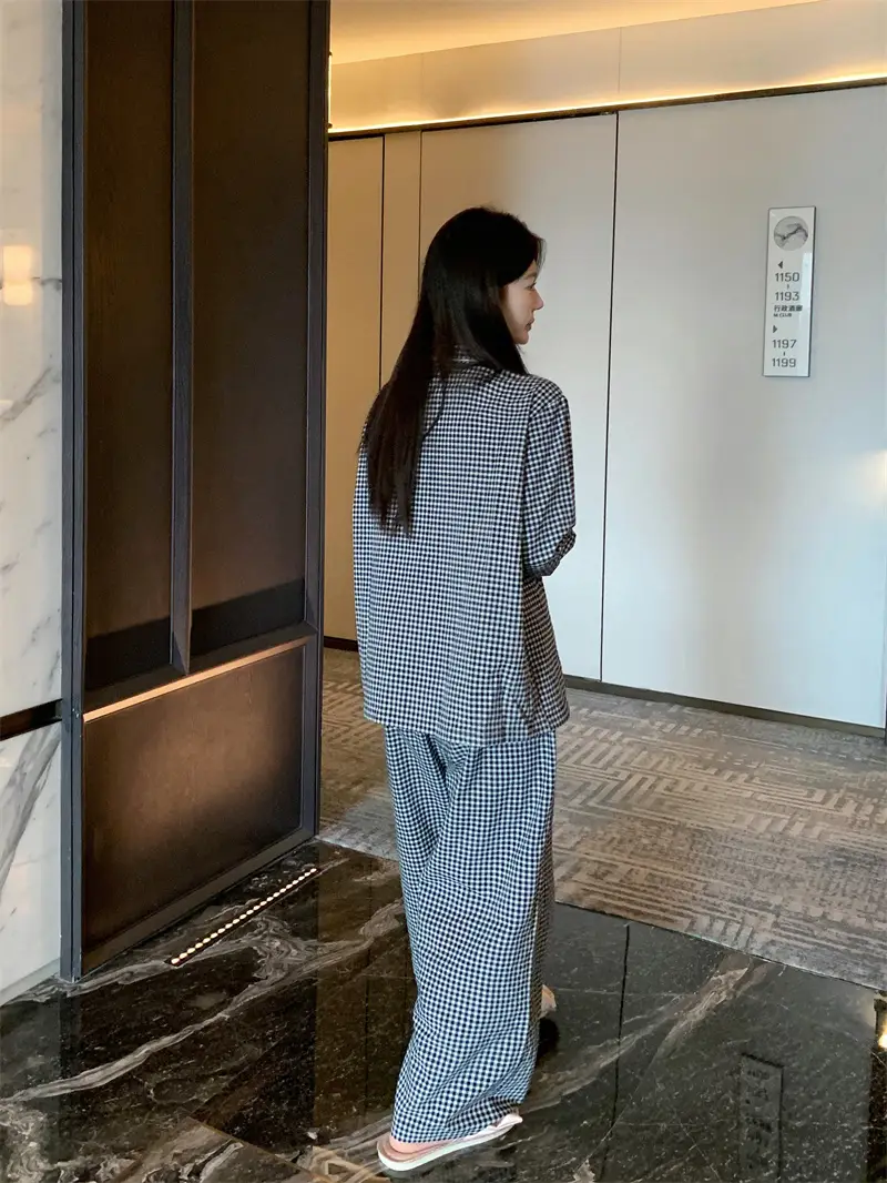 체크 폴드 칼라 면 홈웨어 세트 상세 이미지 4