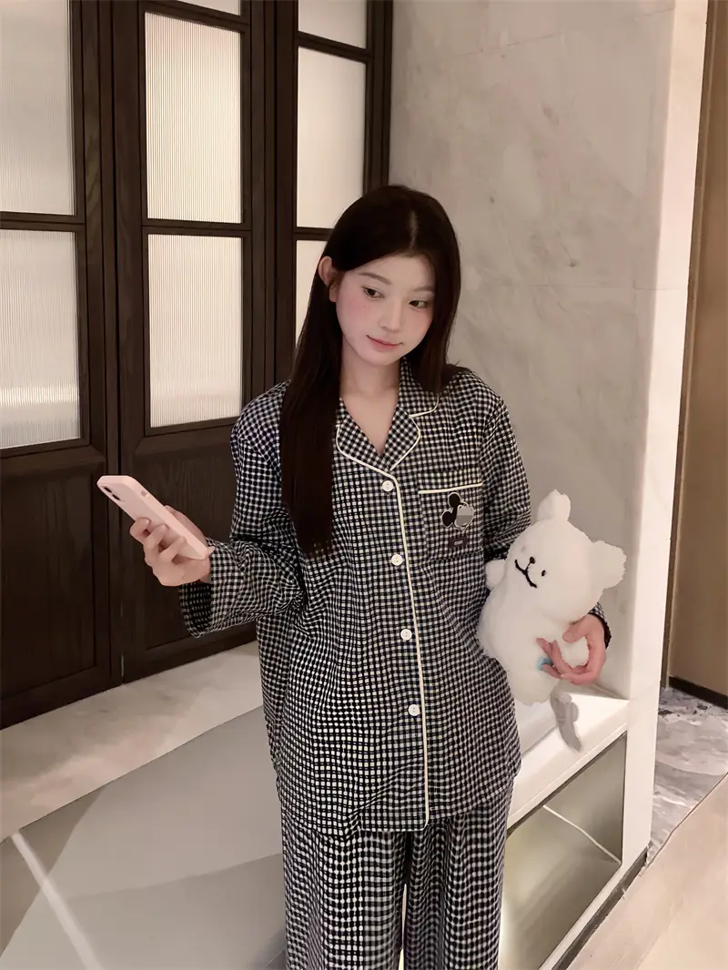 체크 폴드 칼라 면 홈웨어 세트 상세 이미지 6