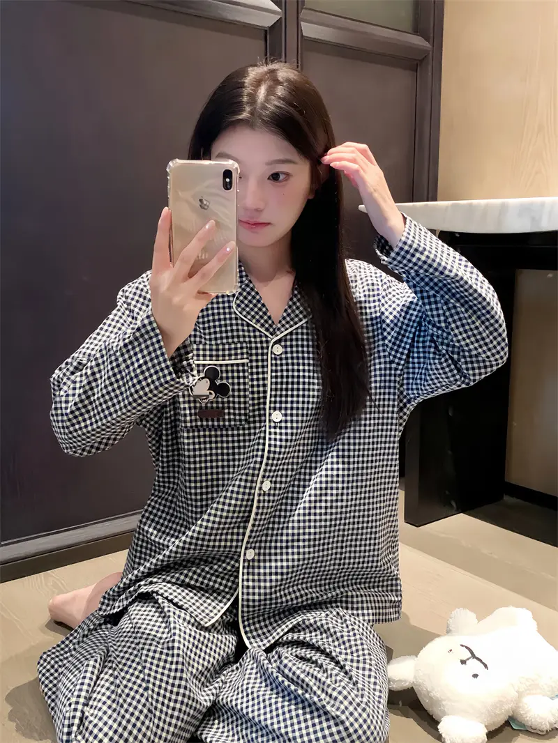 체크 폴드 칼라 면 홈웨어 세트 상세 이미지 7