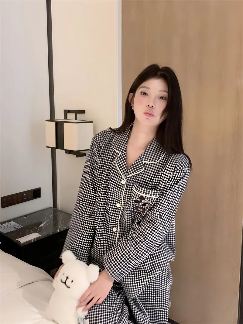체크 폴드 칼라 면 홈웨어 세트 상세 이미지 9