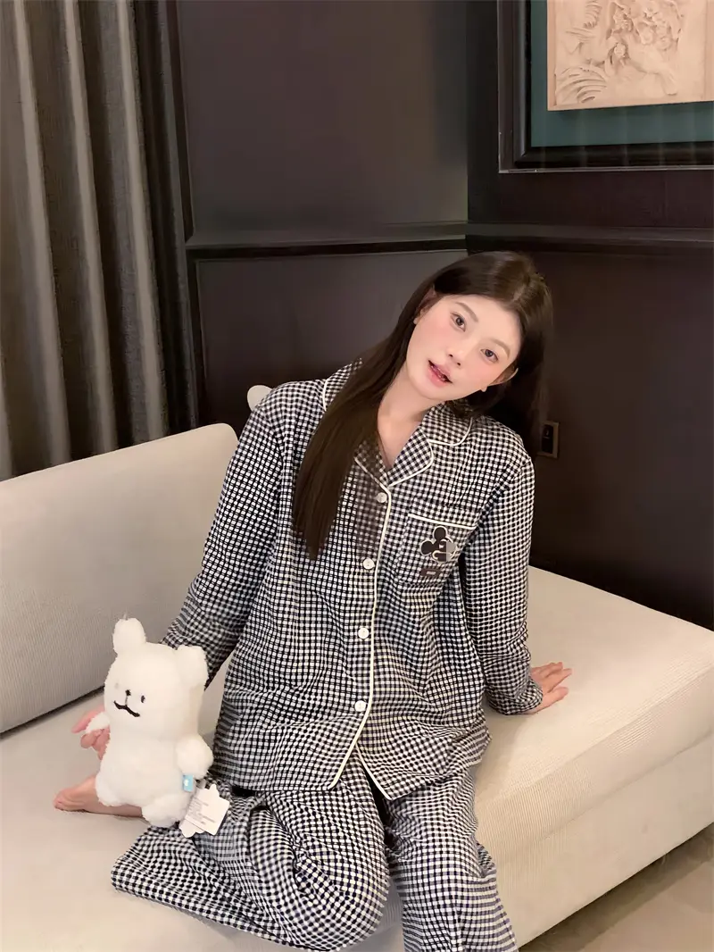 체크 폴드 칼라 면 홈웨어 세트 상세 이미지 10