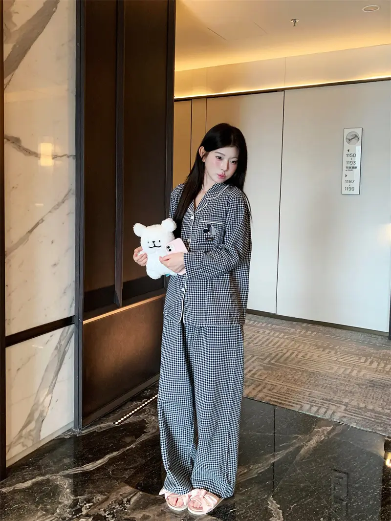 체크 폴드 칼라 면 홈웨어 세트 상세 이미지 11