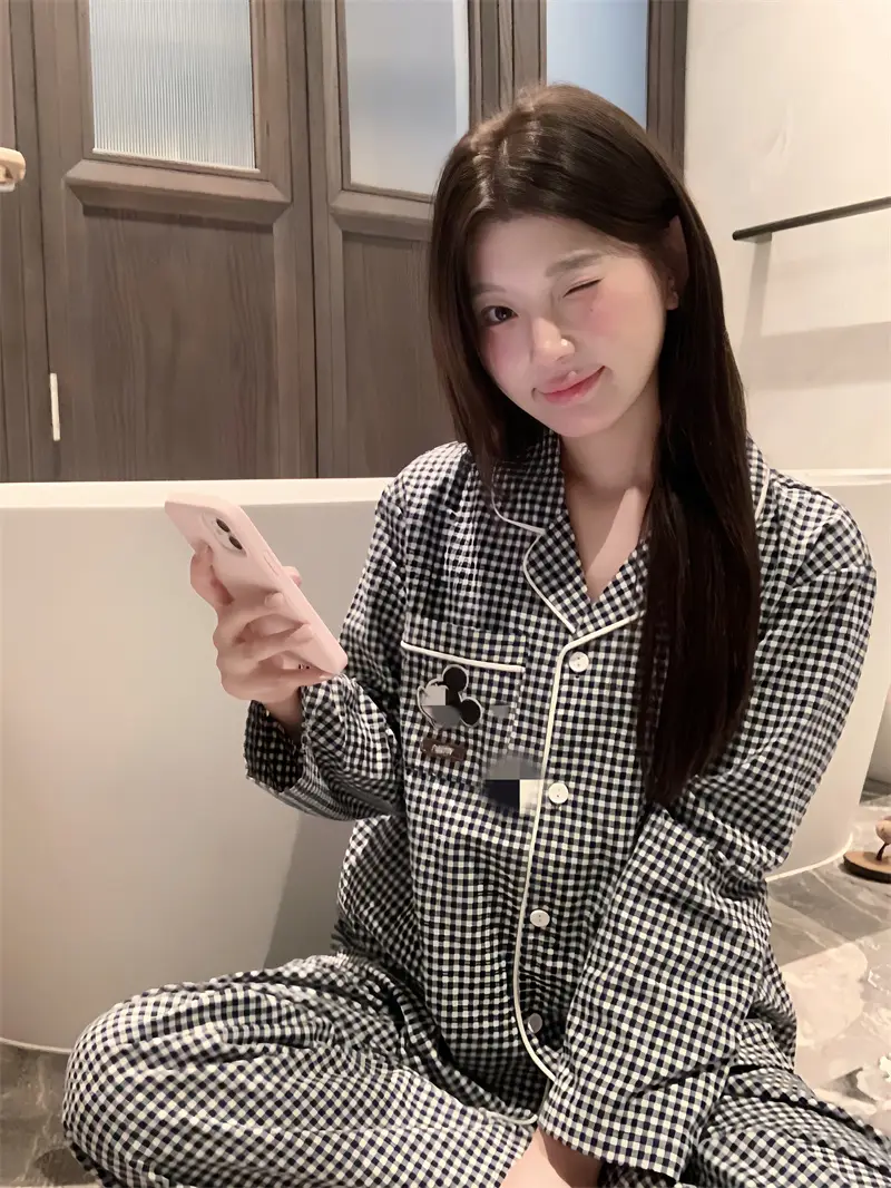 체크 폴드 칼라 면 홈웨어 세트 상세 이미지 12