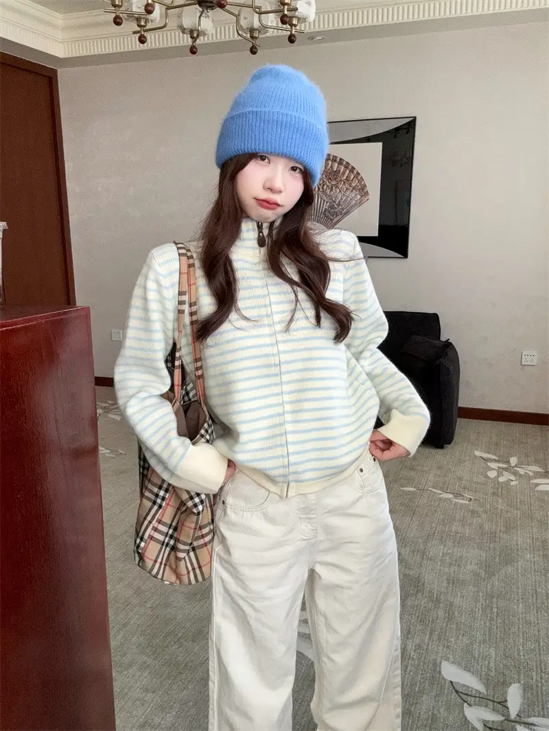 한국인기 배색 스트라이프 루즈핏 니트 가디건 상세 이미지 8
