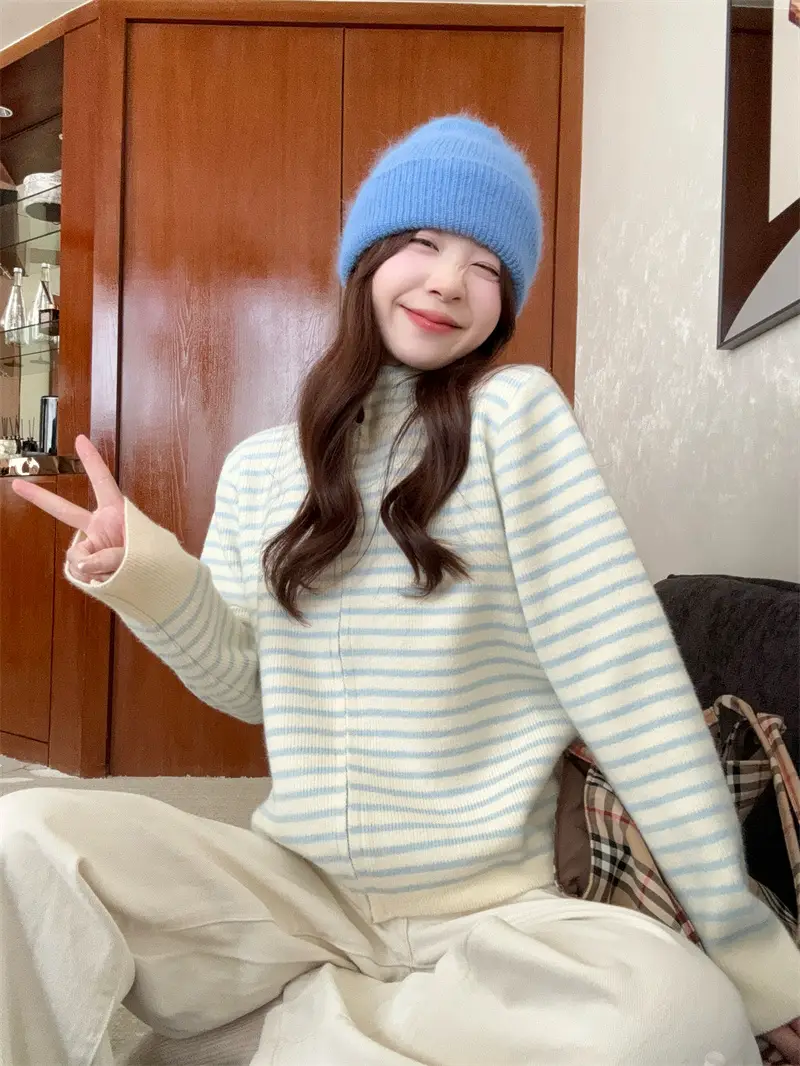 한국인기 배색 스트라이프 루즈핏 니트 가디건 상세 이미지 10