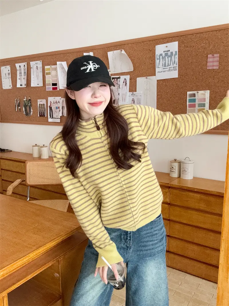 한국인기 배색 스트라이프 루즈핏 니트 가디건 상세 이미지 15
