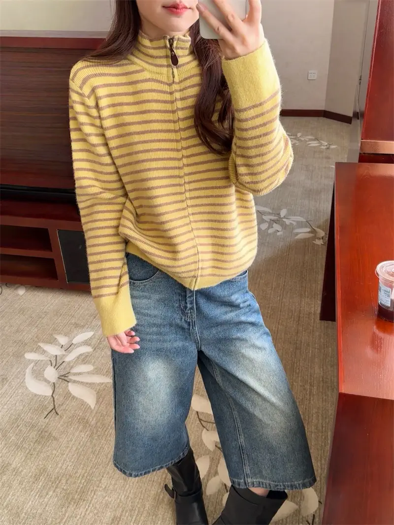 한국인기 배색 스트라이프 루즈핏 니트 가디건 상세 이미지 18
