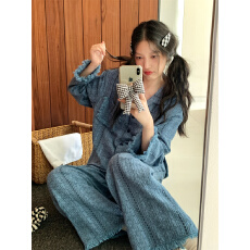 批发实拍  深蓝简约翻领花边设计<b class='q'>纯棉</b>纱<b class='q'>家居服</b>睡衣套装