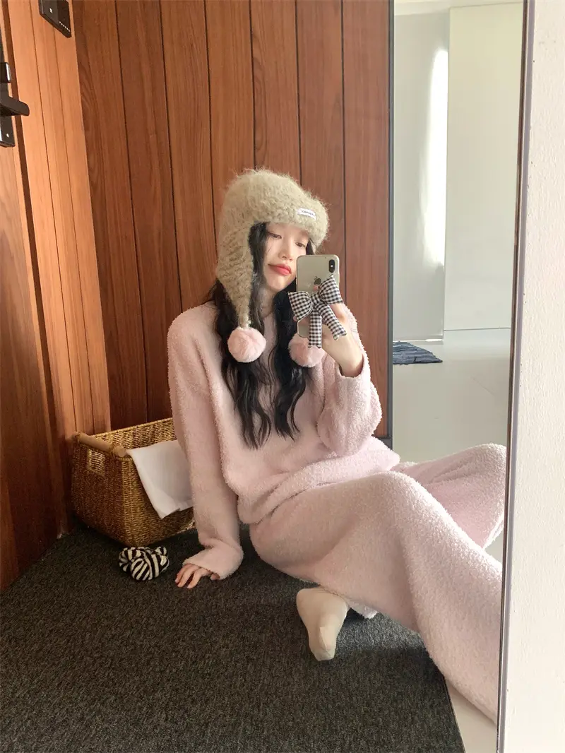 순수한 둥근 목 반모직 홈웨어 세트 상세 이미지 5