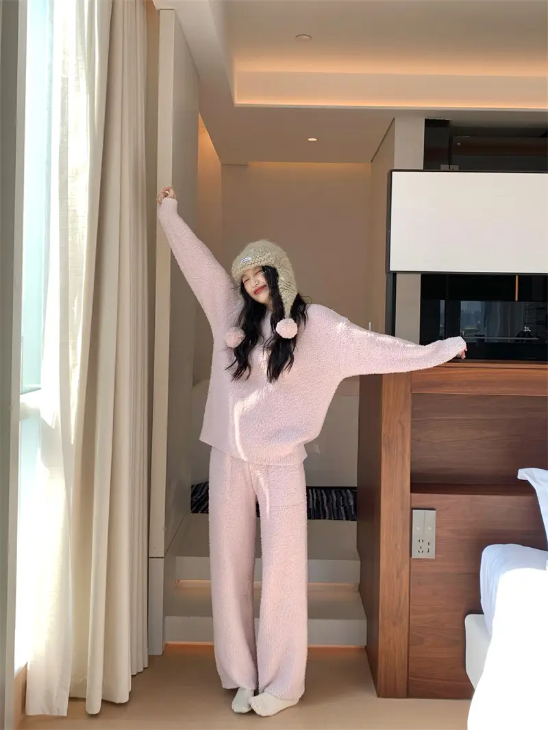 순수한 둥근 목 반모직 홈웨어 세트 상세 이미지 6