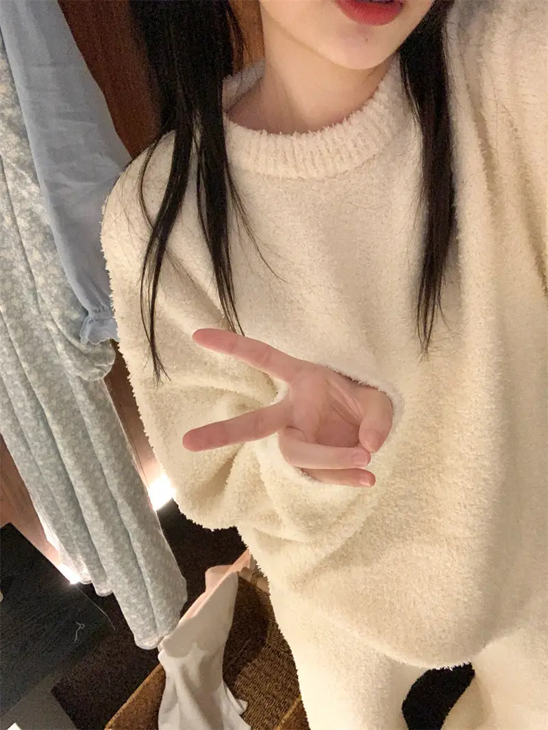 순수한 둥근 목 반모직 홈웨어 세트 상세 이미지 15
