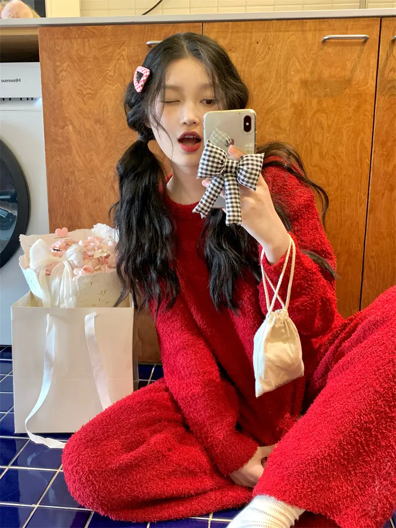 순수한 둥근 목 반모직 홈웨어 세트 상세 이미지 26