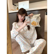 批发实拍 甜美碎花花边宽松慵懒<b class='q'>全棉</b>棉纱家居服<b class='q'>睡衣</b>套装