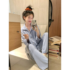 批发实拍 蓝白条纹宽松慵懒<b class='q'>三件套</b>家居服<b class='q'>睡衣</b>套装