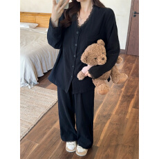 实拍 黑色纯棉纱布蕾丝边可外穿简约韩系家居服睡衣套装