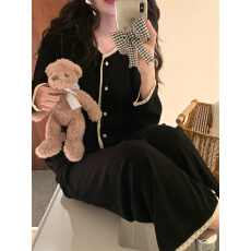 +黑色 实拍 韩系秋冬保暖花边简约舒适毛巾绒家居服睡衣套装