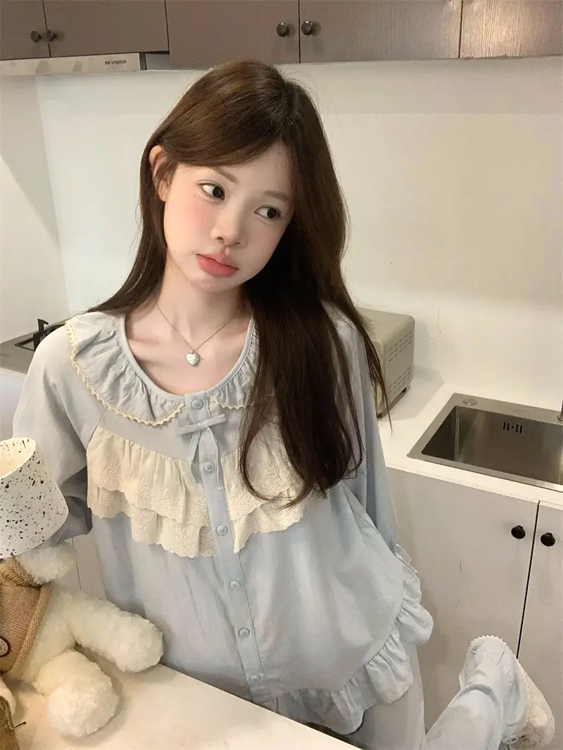 순면 레이스 하트 넥 홈웨어 세트 상세 이미지 1