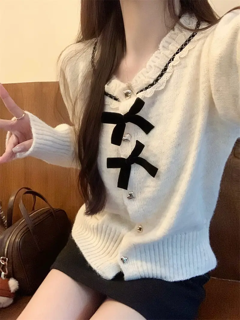 레이스 꽃단장 리본 단추 가디건 상세 이미지 1