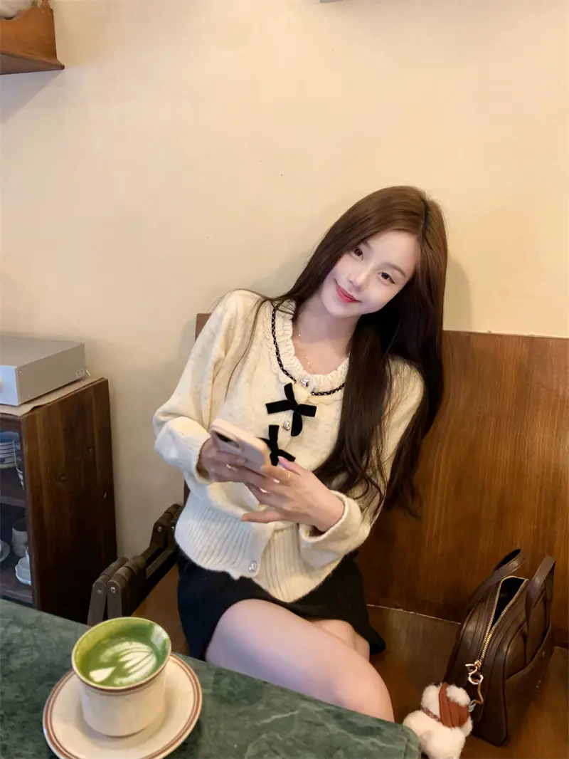 레이스 꽃단장 리본 단추 가디건 상세 이미지 3