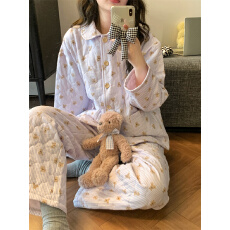 实拍 冬季菱格夹棉韩系可爱小熊保暖家居服睡衣套装