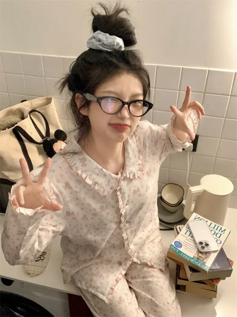 프릴 폴드 칼라 면 더블 거즈 홈웨어 세트 상세 이미지 1