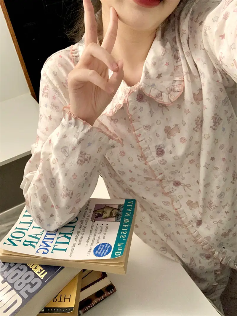 프릴 폴드 칼라 면 더블 거즈 홈웨어 세트 상세 이미지 3