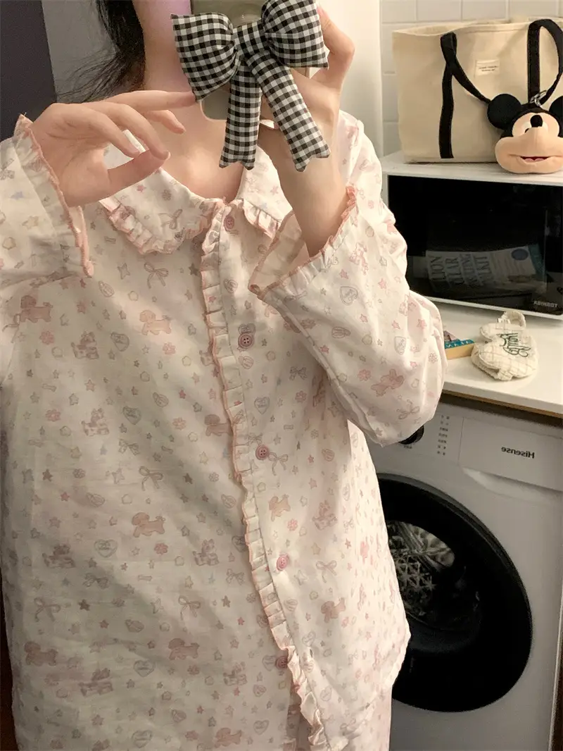 프릴 폴드 칼라 면 더블 거즈 홈웨어 세트 상세 이미지 5
