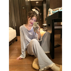 批发实拍 简约条纹油墨彩色点点加厚德绒韩系花边圆领家居服<b class='q'>睡衣</b><b class='q'>套装</b>