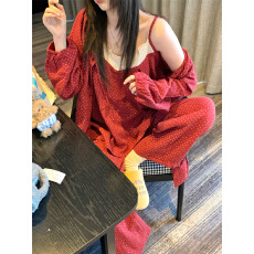 实拍 韩系温柔慵懒碎花花边领吊带开衫家居服睡衣三件套套装