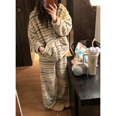 批发实拍 冬季复古连帽拉链式外套家居服睡衣套装