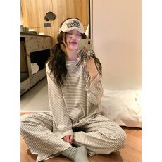 实拍 韩系简约条纹圆领舒适家居服睡衣套装