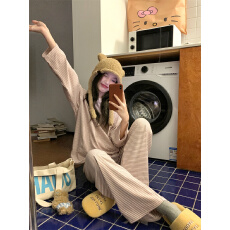 实拍 韩系简约条纹圆领舒适家居服睡衣套装