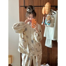 实拍  韩系可爱动物月亮保暖立领拉链外套家居服睡衣套装