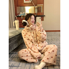 批发实拍  韩系冬季粉色爱心<b class='q'>印花</b>白色珊瑚绒保暖拉链家居服睡衣<b class='q'>套装</b>