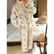 实拍  冬日暖糯月亮小狗毛绒保暖立领拉链外套家居服睡衣套装