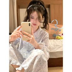 实拍 甜梦蝴蝶结可爱兔子木耳边小清新纯棉双层纱家居服睡衣套装