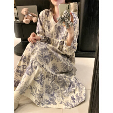批发实拍 甜美复古花边水墨印染V领家居服睡衣睡裙