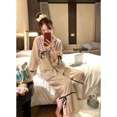 实拍 韩系简约条纹翻领开衫极简风家居服睡衣套装