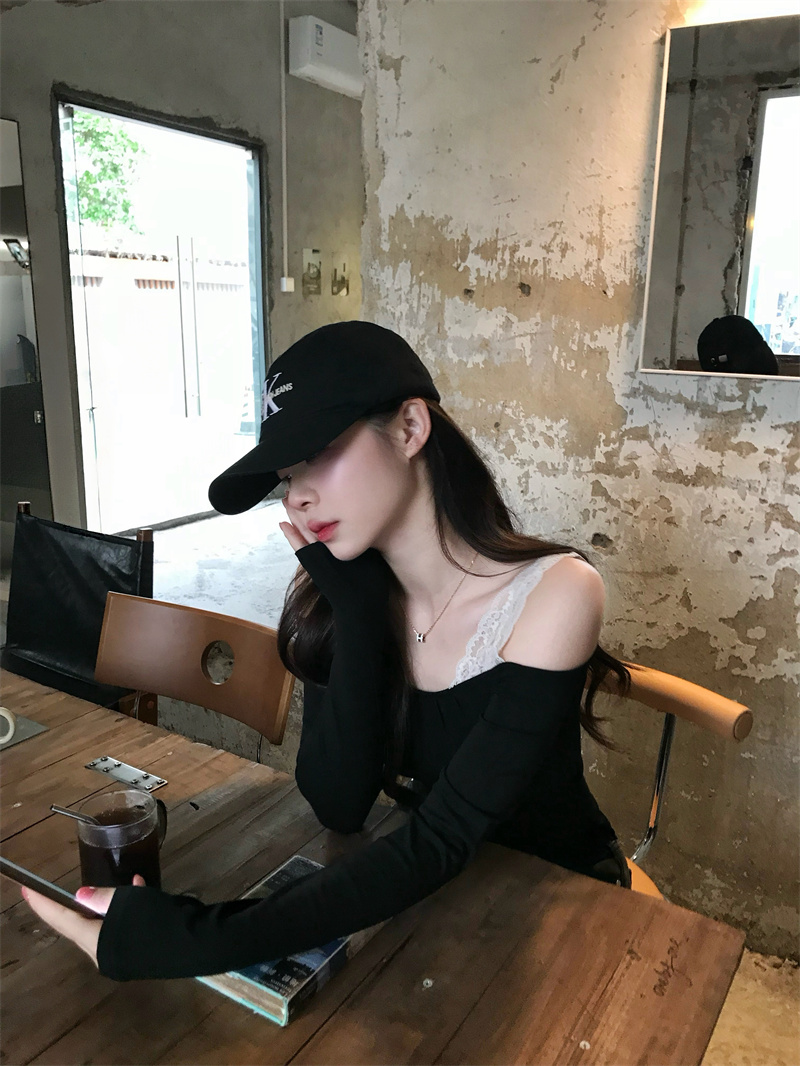실사 분위기 아름다움 어깨 레이스 불규칙 명중 Pleat 오프숄더 기본 셔츠 긴팔 맨위