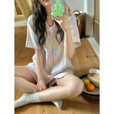 批发实拍  夏日甜美少女粉色格子碎花舒适<b class='q'>纯棉</b>家居服睡衣套装