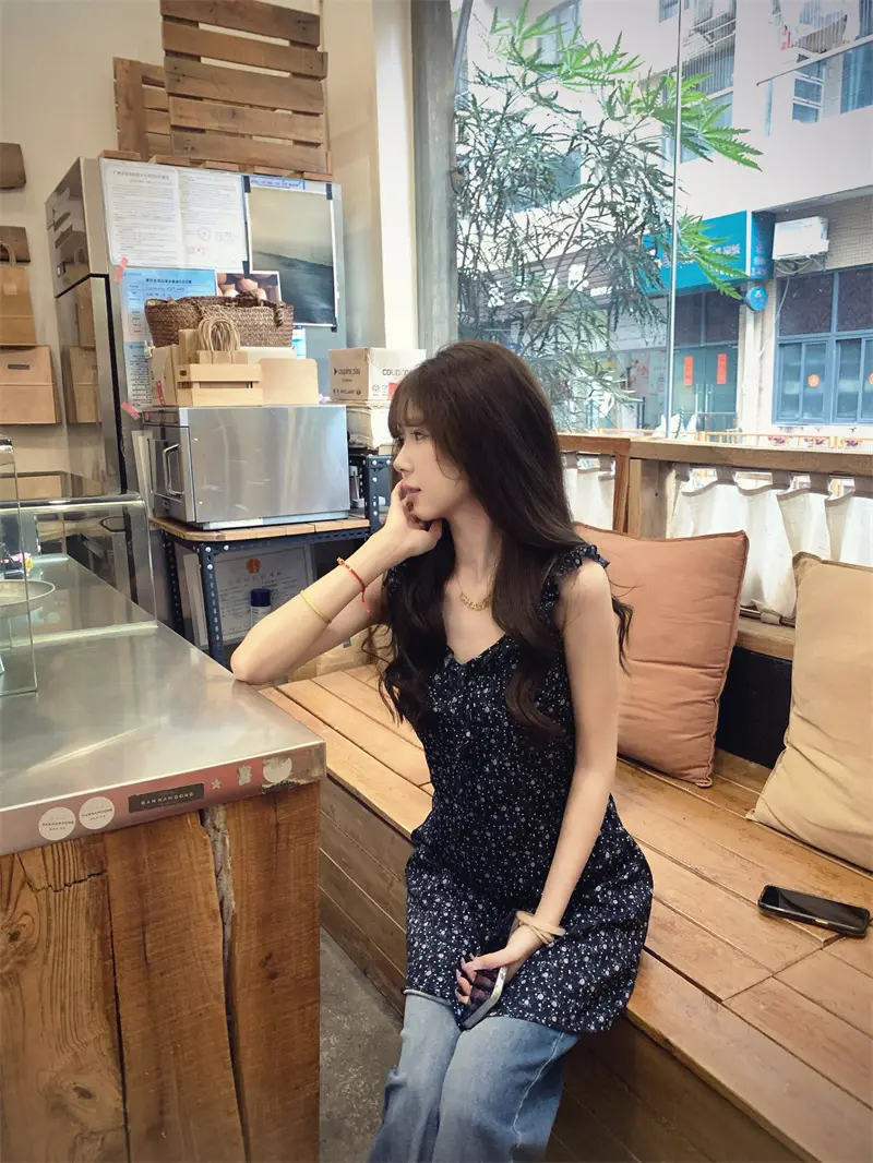 한국인기 V넥 슬리브리스 플라워 원피스 상세 이미지 8
