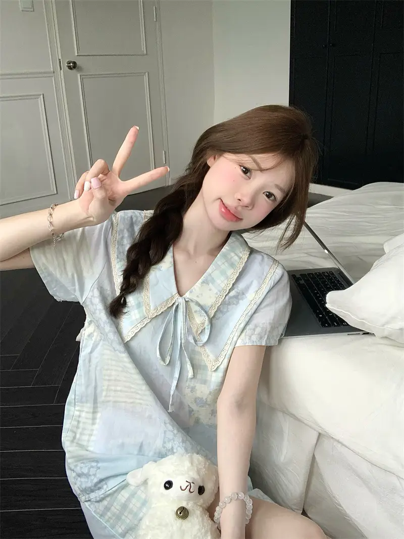 여름 농촌 스타일 블라우스 홈웨어 세트 상세 이미지 2
