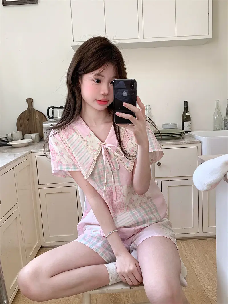여름 농촌 스타일 블라우스 홈웨어 세트 상세 이미지 3