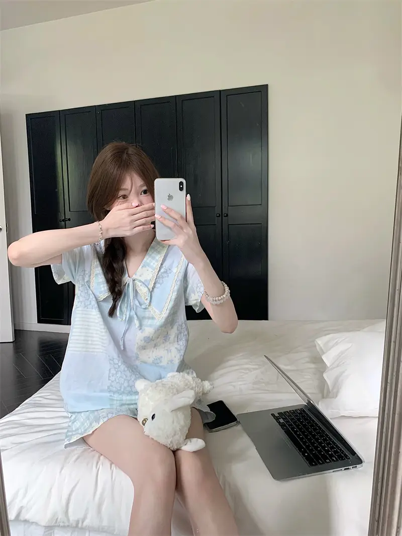 여름 농촌 스타일 블라우스 홈웨어 세트 상세 이미지 7