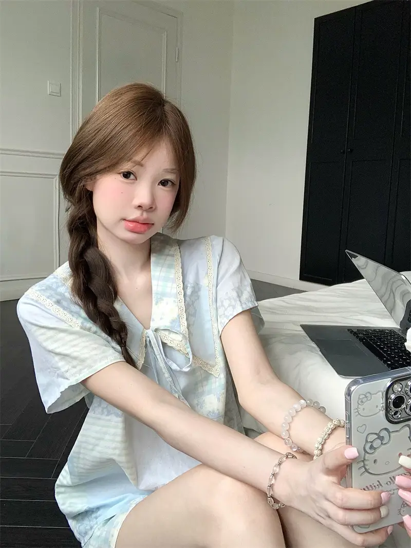 여름 농촌 스타일 블라우스 홈웨어 세트 상세 이미지 8