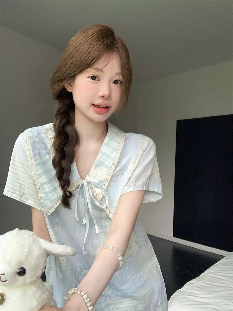 여름 농촌 스타일 블라우스 홈웨어 세트 상세 이미지 9