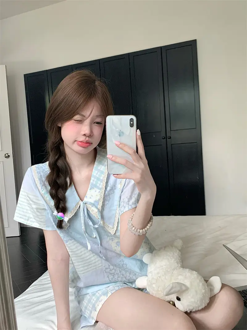여름 농촌 스타일 블라우스 홈웨어 세트 상세 이미지 11