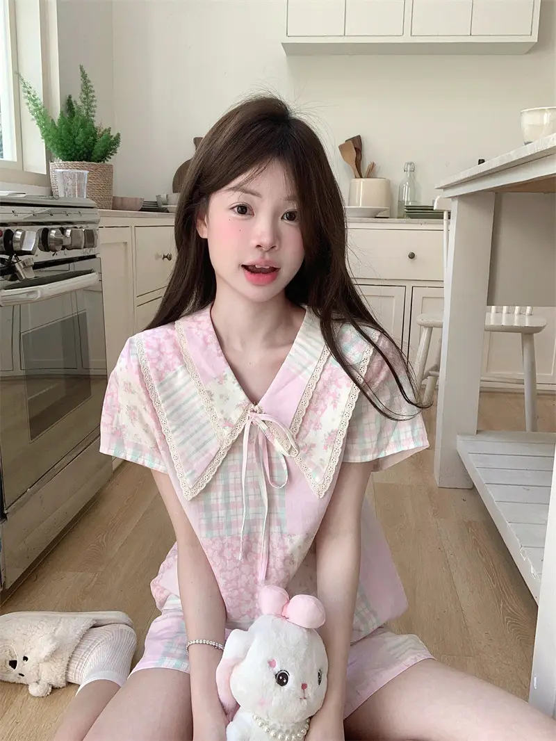 여름 농촌 스타일 블라우스 홈웨어 세트 상세 이미지 14