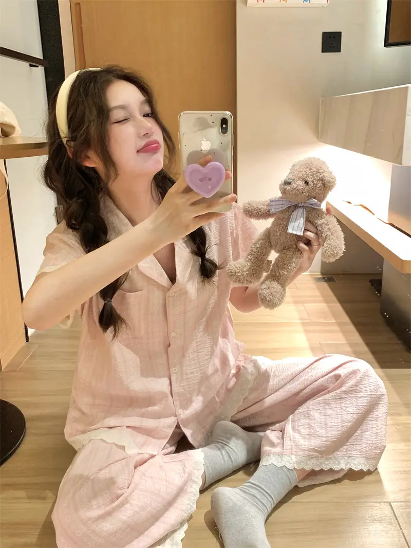 러블리 V넥 러플 홈웨어 세트 상세 이미지 1
