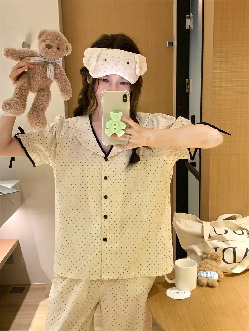 한국인기 러블리 레트로 도트 폴드 칼라 홈웨어 세트 상세 이미지 2